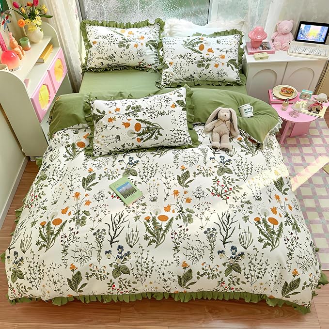 Botanical Floral Duvet Cover with Green Ruffle 100% Cotton Vibrant Flower Duvet Cover Twin Girls Romantic Comforter Cover Princess Lace Coquette Bedding Vintage Aesthetic Flower Comforter Cover Twin