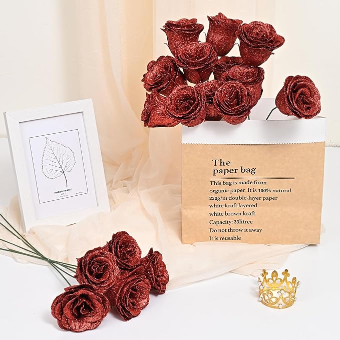 Waipfaru Glitter Roses Bouquet, DIY Fake Flowers Bouquet, Birthday Gifts for Women Mom, 24 Pcs Red Rose for Grandma Wife Girlfriend Valentines, Mothers Day, Anniversary, Graduation
