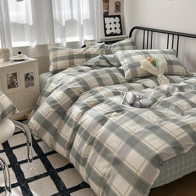 Plaid King Comforter Set Geometric Plaid Grid Comforter Set Fluffy Microfiber Bedding Comforter Farmhouse Checkered Comforter Set for All Season 3 Piece Plaid Bedding Comforter Set King Size Bed Set