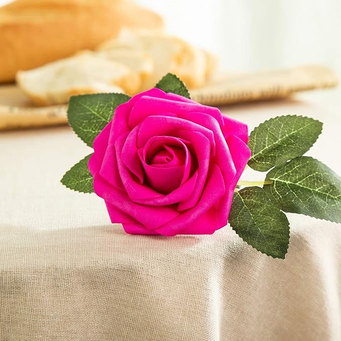 Artificial Flower Foam Rose 25pcs Real Looking Fake Rose with Stems Leaves for Home Decoration Party Garden Centerpieces DIY Wedding Bouquets（Hot Pink）
