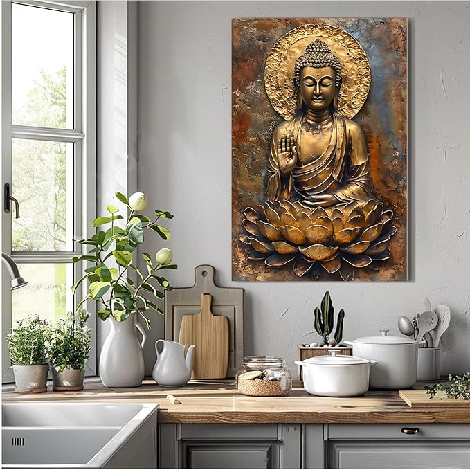 Buddha Wall Art Golden Buddha in Lotus Seat Serene spiritual statue radiant aura Meditation and mindfulness wall art suitable for sacred spaces 16x24in Wood Framed