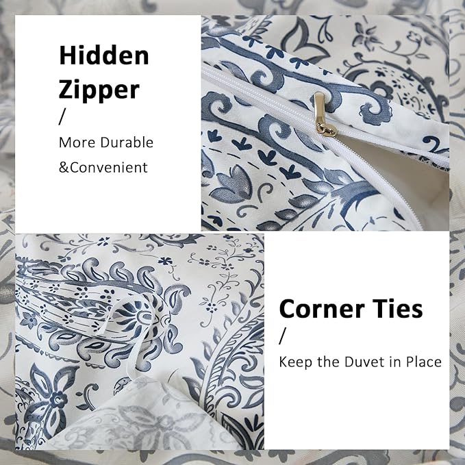 100% Cotton Duvet Cover Sets Queen Size, 3 Pieces Reversible Soft Bedding Sets,Blue Floral Paisley Comforter Cover, Breathable, Lightweight, All Season