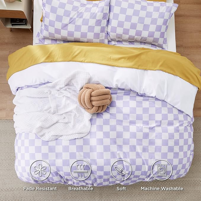 Bedsure Duvet Cover Twin Size - Reversible Checkered Duvet Cover Set with Zipper Closure, 2 Pieces Purple Bedding Set with 8 Corner Ties and 1 Pillow Sham 20"x26"