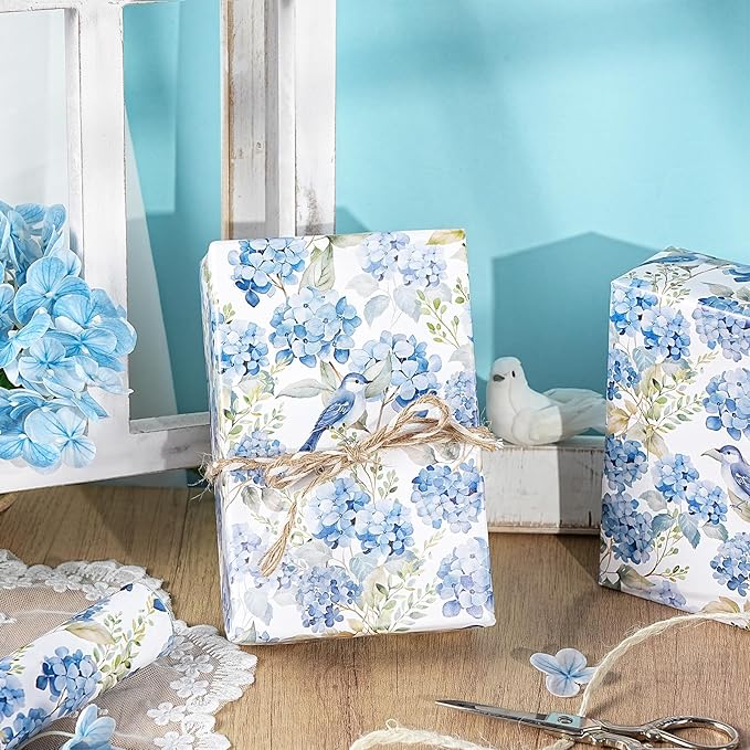 LeZakaa Hydrangea Wrapping Paper Roll, Whimsical Blue Bird Flowers Design for Wedding Bridal Shower Birthday Baby Shower, Kids' Parties, Girls, Boys, Mini Roll 17 in x 16.4 Ft