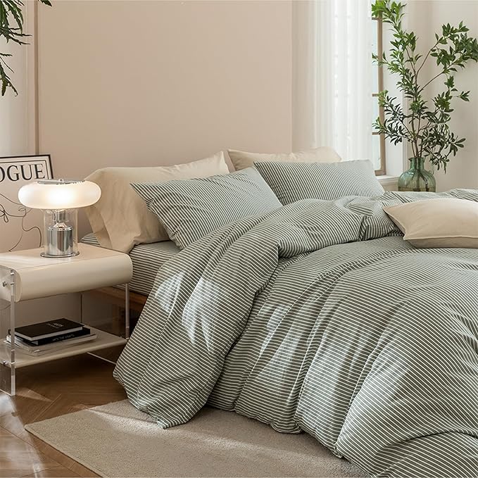 JIYUAN 100% Washed Cotton Striped Duvet Cover Set 3 Pieces King, 1 Duvet Cover and 2 Pillowcases(Comforter Not Included),Linen Like Bedding Set Comfy and Breathable,Pinstripes-Heathered Green White