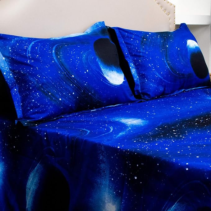 Bedlifes Galaxy Outer Space Sheet Set, Galaxy Themed, 3 pcs Including Flat Sheet, Fitted Sheet, and 1 Pillowcase (Light Blue Queen)