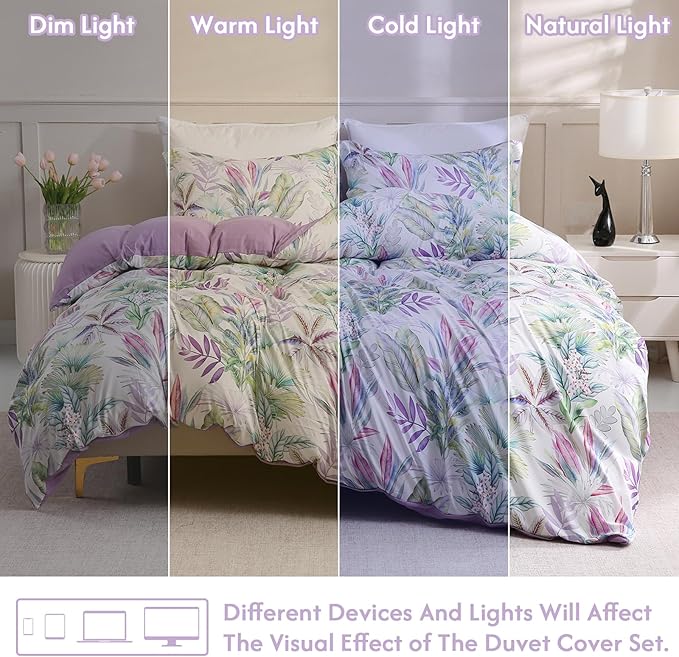 LONAVA Queen Botaincal 3 Pcs Duvet Cover Set, Breathable Soft Microfiber Lavender Lining Comforter Cover with Zipper Closure, and 2 Anti-Pilling, Fade Resistant Pillowcases, Tropical