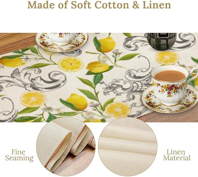 Lemon Table Runner , Summer Yellow Fruits Green Leaves Kitchen Dinning Table Decoration for Indoor Outdoor Home Party Decor 13"x70"