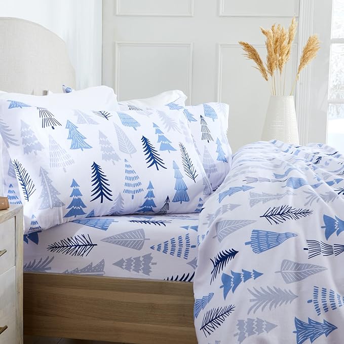 Market & Place 100% Turkish Cotton Flannel Sheet Set | 4 Piece Deep Pocket Novelty Cozy Winter Bed Sheets | Double Brushed for Extra Softness & Comfort | Alpine Collection (King, Blue Forest)