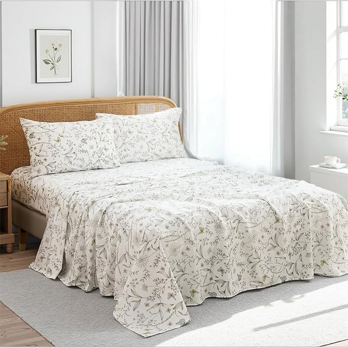 100% Cotton Sheet Set Queen Size – 4-Piece Chic White Floral Bedding Set, Soft Breathable Percale Weave, Deep Pocket Fitted Sheet 17.5", Crisp Cool Feel, Refined Botanical Elegance