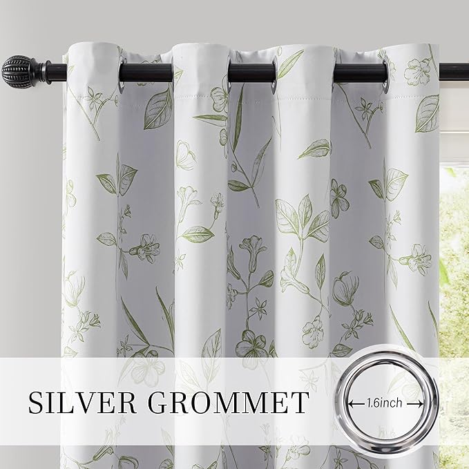 ChrisDowa 100% Blackout Floral Curtains 72 Inches Long 2 Panels for Bedroom Living Room Sage Green Flower Patterned Room Darkening Thermal Insulated Soundproof Grommet Window Treatments Drapes,52X72