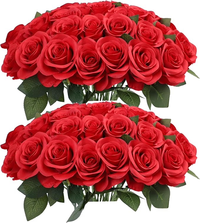 52pcs Red Roses Artificial Flowers Red Fake Flowers Silk Roses with Stems for DIY Wedding Bouquets Bridal Shower Centerpieces Arrangements Party Decorations