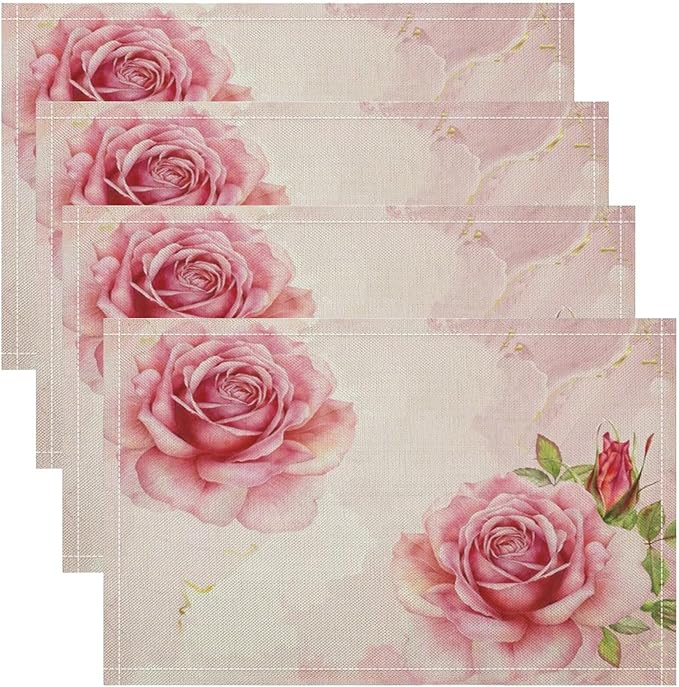 Pink Flower Placemats Set of 8, 17x12 Inch Romantic Watercolor Floral Rose Print Table Mats for Home Party Kitchen Dining Decor