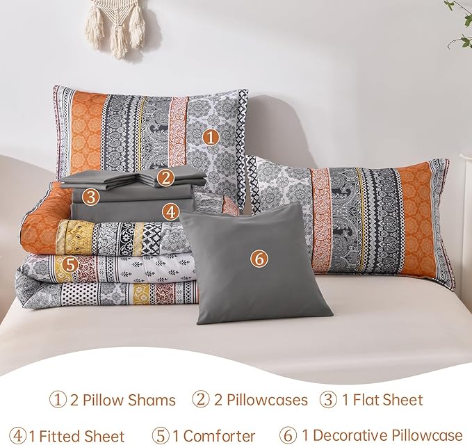Cottolester Boho Comforter Set King Size,8 Pieces Orange Bohemian Striped Bed in a Bag,Paisley Soft Microfiber Bedding Comforter Set