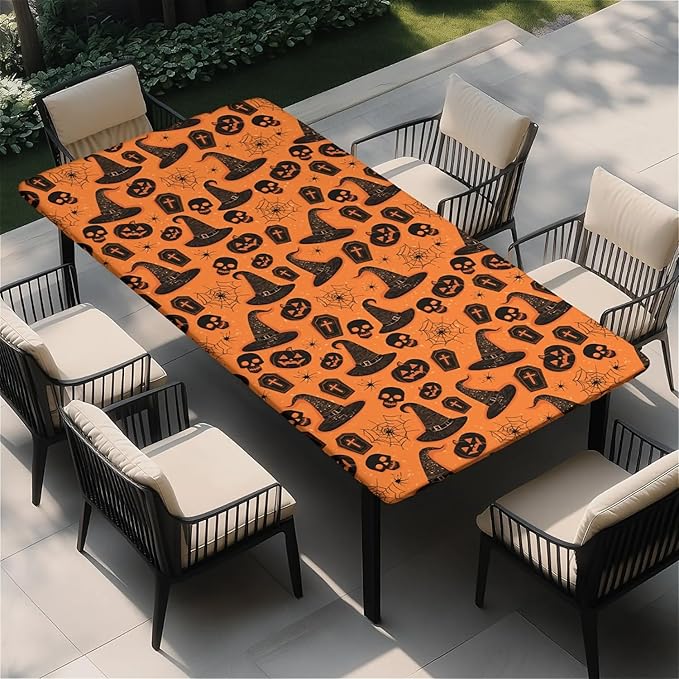 Rectangle Table Cloth Cover Waterproof Elastic Fitted Polyester Fitted Tablecloths for 4 Foot Tables for Indoor,Picnic, Camping, Outdoor （48" x 24"，Halloween Tablecloth）
