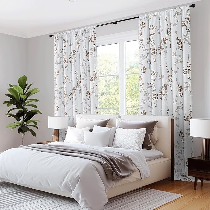 Beauoop Floral 100% Blackout Curtains 96 Inches Long 2 Panels for Bedroom Living Room Tan Brown and White Flower Patterned Room Darkening Thermal Soundproof Rod Pocket Back Tab Window Drapes, 52X96