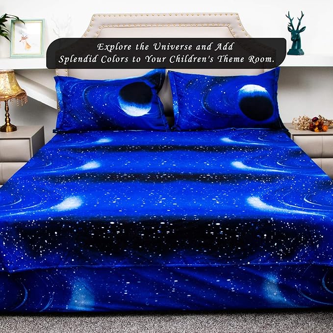 Bedlifes Galaxy Outer Space Sheet Set, Galaxy Themed, 3 pcs Including Flat Sheet, Fitted Sheet, and 1 Pillowcase (Light Blue Queen)