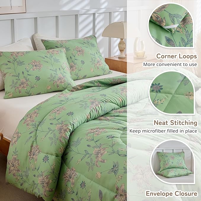 VM VOUGEMARKET Green Floral Bedding Twin XL Comforter Sets Soft Microfiber Vintage Garden Flower Bedding Comforter Set 1 Comforter & 2 Pillowcases Chic Botanical Comforter Set for Girls