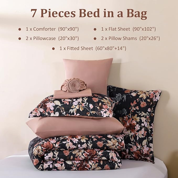 Queen Comforter Set, 7 Pieces Black and Pink Floral Comforter Set, Bed in a Bag Queen with Botanical Flowers Pattern, All Season farmhouse Queen Size Bedding Set with Sheets, Pillowcases & Shams