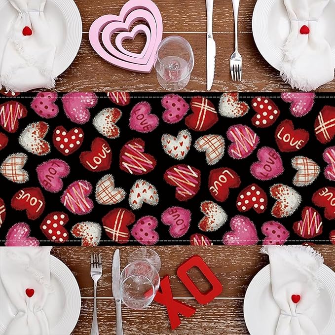 Valentines Day Decorations Table Runner Love Hearts Black Kitchen Dining Table Decor Holiday Anniversary Indoor Outdoor Party Suppies 36×13 Inch