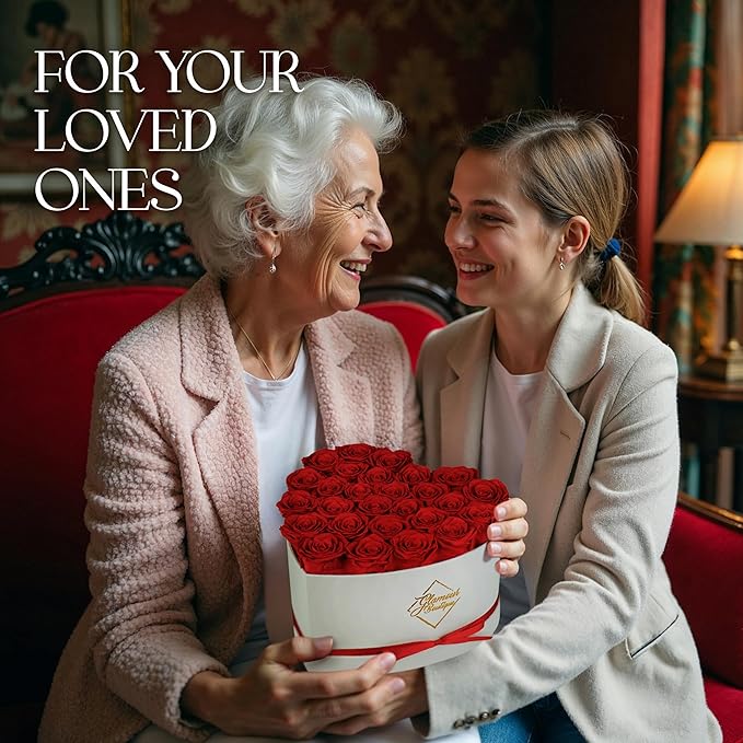 GLAMOUR BOUTIQUE Preserved Roses in a Box - Gifts for Her, Wife & Mom, Rose Flowers Forever Decor for Birthday Gift, Get Well Flower Bouquet Cased in White Box with Cover - Red - 27-Piece
