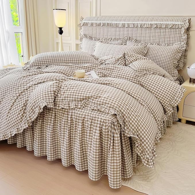 LifeTB Tan Gingham Comforter Set Twin XL Vintage Ruffle Taupe Plaid Checkered Comforter Set 3 Pieces Soft Fluffy Beige Grid Bed Comforter with 2 Pillowcases Farmhouse Gingham Bedding Set