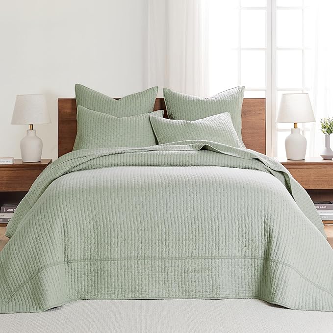 Levtex Home Cross Stitch Reversible King Bedspread Set (120x104in) with 2 Pillow Shams (36x20in) - Stitch Texture - Desert Sage - Cotton King Size Bedspread Set - Soft, Pre-Washed