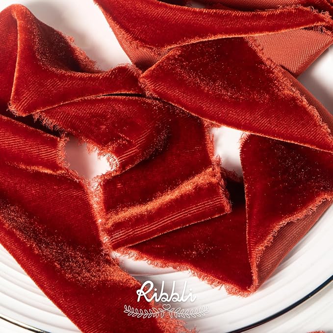 Ribbli Rust Red Velvet Ribbon 2 Inch Handmade Frayed Vintage Christmas Ribbon for Gift Wrapping Christmas Tree Ornament Wreath Craft Home Decor -3 Yards