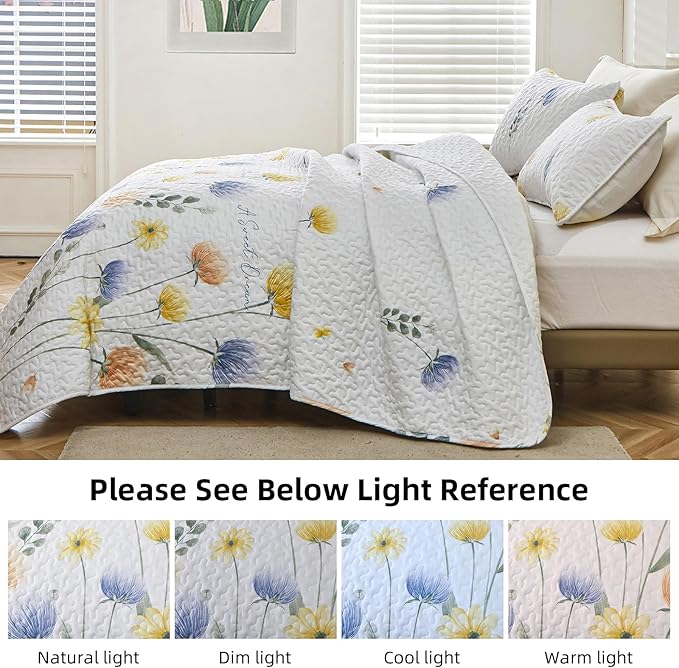 Floral Quilt Set California King Size,Gray Bedspread Farmhouse Bedding Set Soft Lightweight Quilts 3 Piece White Oversized Flower Bed Cover Sets for Fall Winter (Cal King,106"x95")