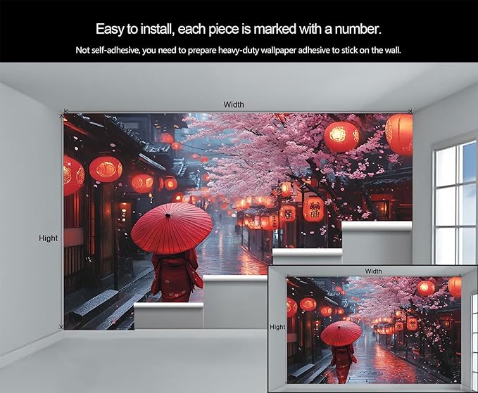 Japanese Street Wall Mural, Cherry Blossom Lantern Scene 3D Wall Murals, Romantic Rainy Evening Japan Wallpaper Mural, for Living Room Bedroom Large Wallpaper Indoor Decor 197" W x124.8 H