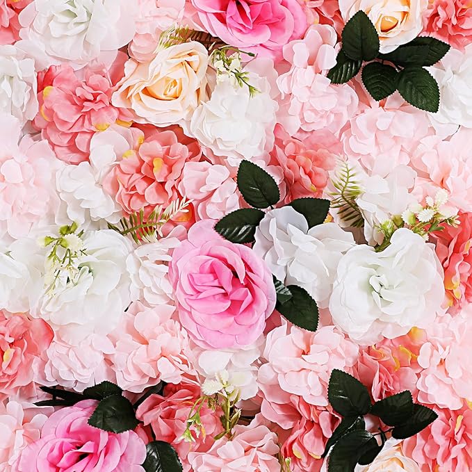 12pcs 24" x 16" Artificial Flower Wall Panel Background,3D Pink White Dahlia Silk Rose with Leaves Flowers Wall Backdrop for Wedding Party Event Photo Backdrop Wall Decor (Type 3)