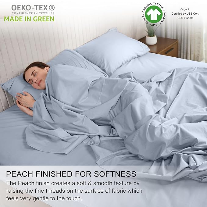 RUVANTI 100% Organic Cotton Sheets Split King, Percale Weave, GOTS Certified, 5-Piece Set, Deep Pocket 15", Crisp & Breathable, Soft Durable Bedding, Sábanas Algodón Orgánico – Arctic Ice