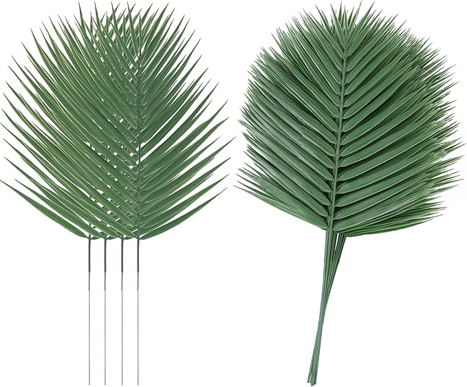 Abzo 20 Pcs Artificial Palm Leaves Stems Greenery Tropical Palm Leaves Faux Monstera Leaves Plant for Palm Sunday Flower Arrangement Home Kitchen Party Table Decor, Wedding Birthday Theme Parties.