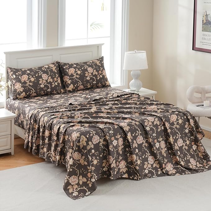 Zusbest Dark Brown Floral Bed Sheets Set - California King Percale Cotton Shabby Rustic Peony Flower Print Bed Sheets - Soft Breathable Mocha Classic Vintage Bedding 4 Pcs Deep Pockets Flower Sheets