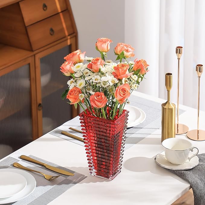 MCMCNCUIU Crystal Vase, Large Crystal Vases for Flowers, Red Large Flower Vase, Modern Glass Vases for Living Room, Bedroom, Kitchen, Dining Table, Mantle, Wedding, 9 Inches