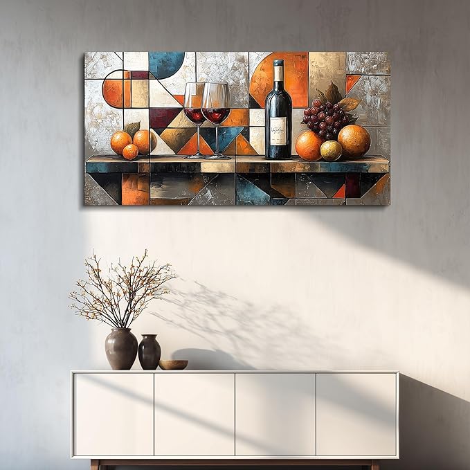 hyidecorart Wine Glass Fruit Painting Still Life Large Canvas Wall Art For Kitchen Wall Decor For Living Room Dining Room Decorations Geometry Abstract Picture Artwork Bar Posters Home Decor 24"x48"