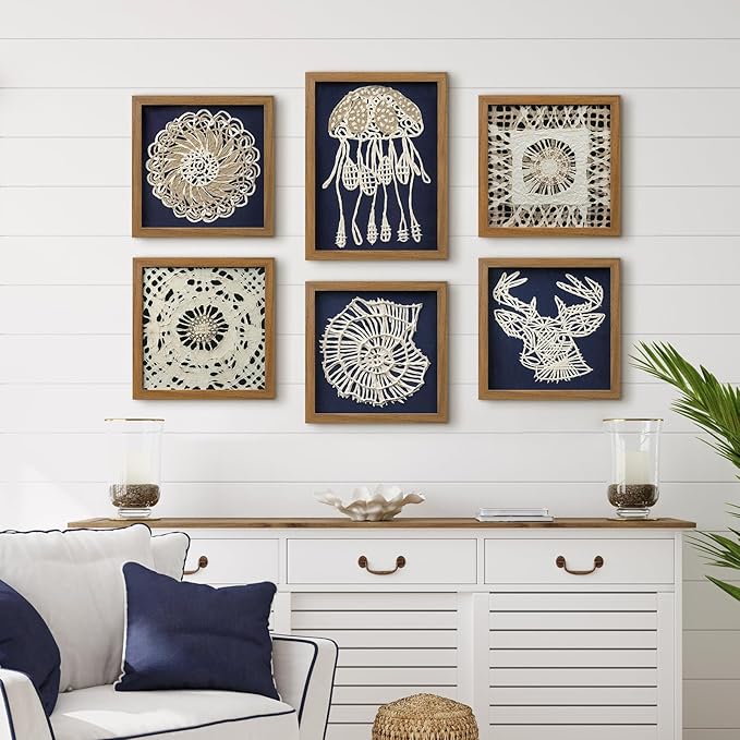 FOLKOR Beach Wall Art Decor for Living Room Bedroom Guest Room, 12" Framed Seashell Shadow Box Art with Blue Background, 3D Coastal Wall Hanging Accent for Entryway Staircase Exhibition Gallery Wall