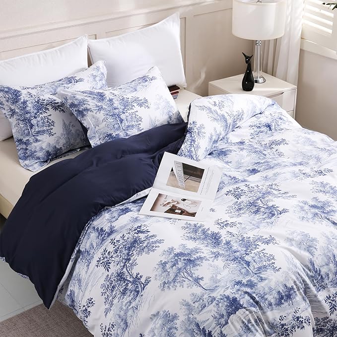 LONAVA King Botaincal 3 Pcs Duvet Cover Set, Breathable Soft Microfiber Navy Lining Comforter Cover with Zipper Closure, and 2 Anti-Pilling, Fade Resistant Pillowcases, Blue Forest