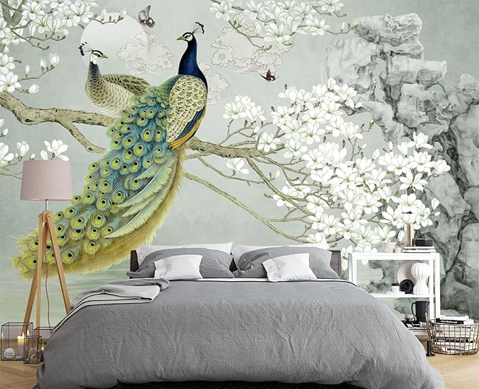 Magnolia Flower Peacock Chinoiserie Wallpaper for Bedroom 137" x 100"
