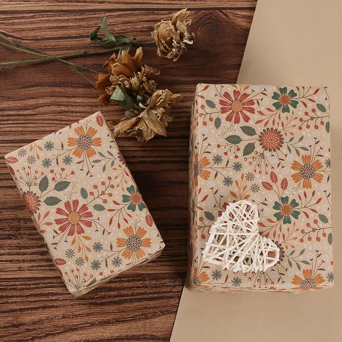 Aimyoo Floral Kraft Wrapping Paper Roll, All Occasion Vintage Flower Gift Wrap for Wedding Birthday Bridal Shower, 17 inch x 10 ft