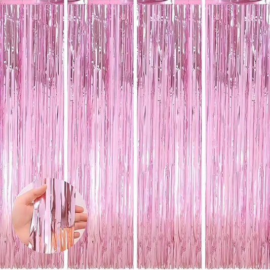 Keyali 4 Pack 3.3 * 8.3 ft Foil Curtain Metallic Tinsel Fringe Curtains Photo Booth Props Backdrop for Birthday Wedding Engagement Baby Shower Christmas Holiday Celebration Partyl,Pink