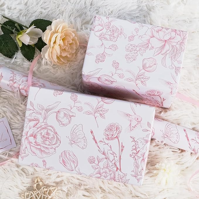 RayofSun Pink Floral Wrapping Paper Roll 17 in x 32ft Mini Roll Vintage Toile Flower Gift Wrap Paper for All Occasion Wedding Birthday Bridal Shower Party Baby Shower Christmas