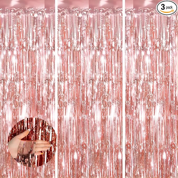 Keyali 3 Pack 3.3 * 8.3 ft Foil Curtain Metallic Tinsel Fringe Curtains Photo Booth Props Backdrop for Birthday Wedding Engagement Baby Shower Christmas Holiday Celebration Partyl,Rose Gold