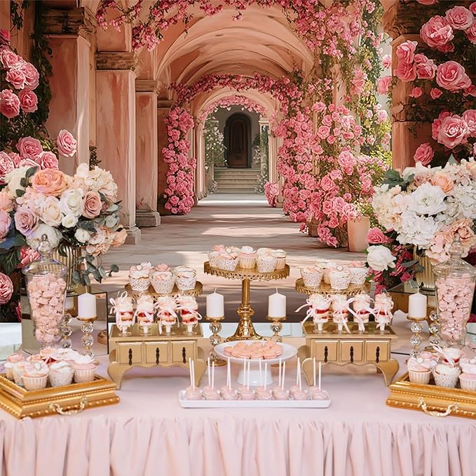 Baocicco 8x6.5ft Pink Flowers Backdrops for Photoshoot Rose Arch Corridor European Carving Wall Photo Background for Women Bridal Shower Birthday Marriage Valentines Mothers Day Backdrop Decorations