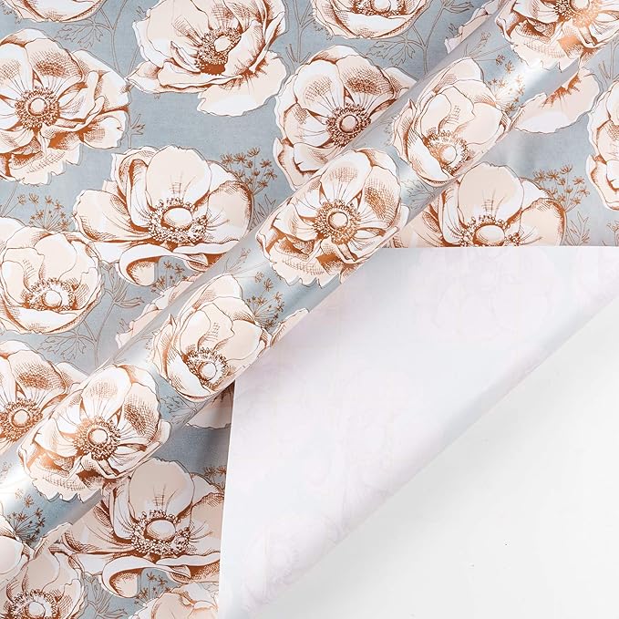 WRAPAHOLIC 30 Inch Reversible Floral Wrapping Paper - 30 Inch X 33 Feet - Sliver Flower Wrapping Paper for Wedding, Birthday, Valentines' Day, Baby Shower, Anniversary, Bridal Shower