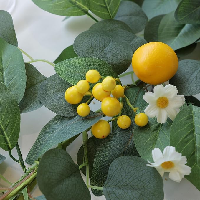 Mizii Artificial Lemon Garland 6FT Fake Fruit Lemons Garland with Green Eucalyptus Leaves Hanging Vines Greenery Decorations for Kitchen Table Centerpieces Room Wall Party Birthday Decor (Eucalyptus)