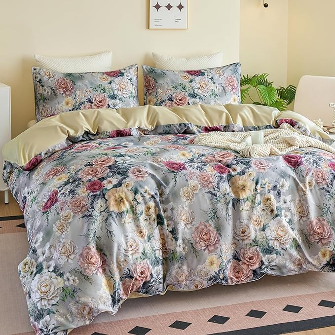 Blue Floral Duvet Cover Set 100% Percale Cotton Queen Size Shabby Vintage Chic Penoy Patterned Comforter Covers with Zipper，Soft & Breathable French Country Bedding 3Pcs-Not Comforter