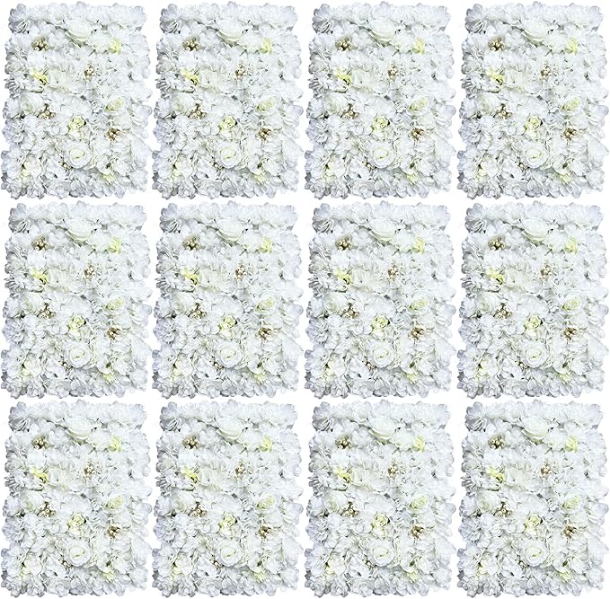 12pcs 24" x 16" Artificial Flower Wall Panel Background,3D White Plastic Hydrangea Rose Flowers Wall Backdrop for Wedding Party Event Photo Backdrop Wall Decor (White)
