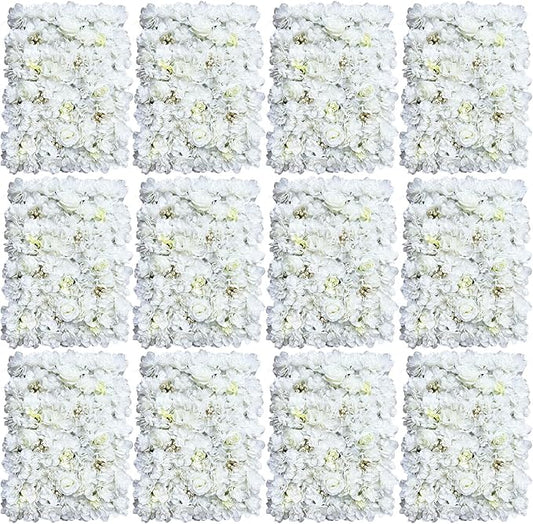 12pcs 24" x 16" Artificial Flower Wall Panel Background,3D White Plastic Hydrangea Rose Flowers Wall Backdrop for Wedding Party Event Photo Backdrop Wall Decor (White)