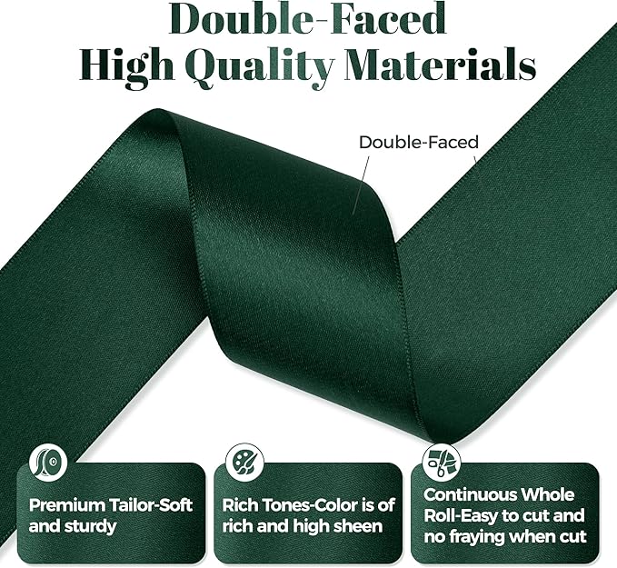 Hunter Green Satin Ribbon, Double Faced 2 Inch X 25 Yards Hunter Green Ribbon, Premium Satin Ribbon for Gift Wrapping, Crafts, Hair Bow Making, Sewing, Flower Bouquet, Wedding Party Decor